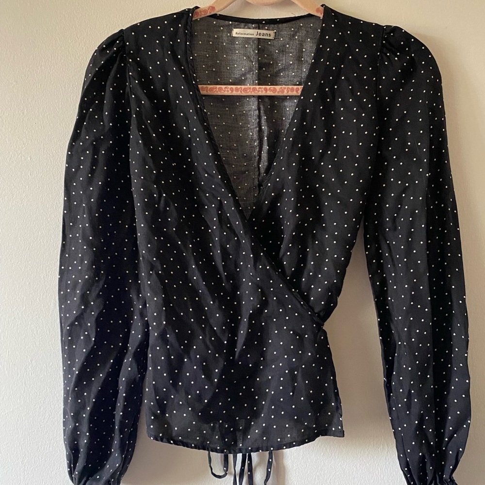 Not for sale! Reformation Black Wrap Blouse with White Dots / XS